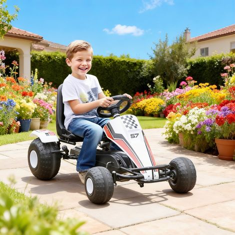 Go kart enfant avec pédales et freins, jouet extérieur pour 3-6 ans, châssis acier blanc, dimensions 104 x 66 x 57 cm
