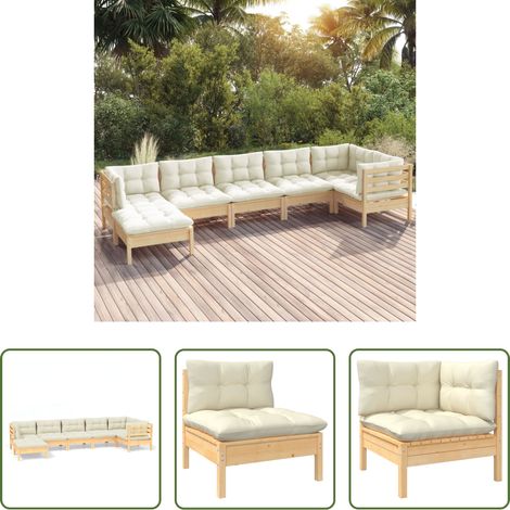 Terrassensofa - 7-tlg. Garten-Lounge-Set mit Creme Kissen Massivholz Kiefer (1/5)