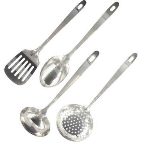 Ensemble Ustensiles Cuisine Inox - Louche - Écumoire - Spatule Ajourée - Cuillère Service - 4 Pièces (1/3)