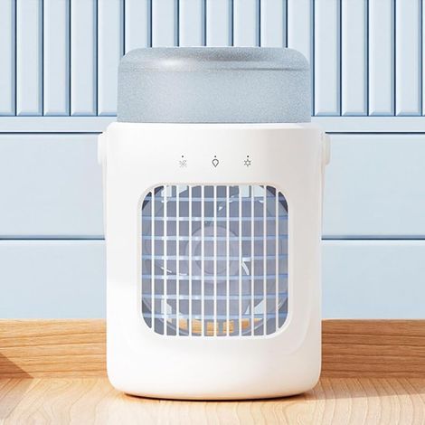 Tragbare Verdunstungsklimaanlage mit 3 Lüfterstufen, 7-farbiger LED-Beleuchtung, 180°-Oszillation, kleinem, umweltfreundlichem Ventilator, 600-ml-Wassertank und Anti-Feuchtigkeits-Funktion. (1/5)