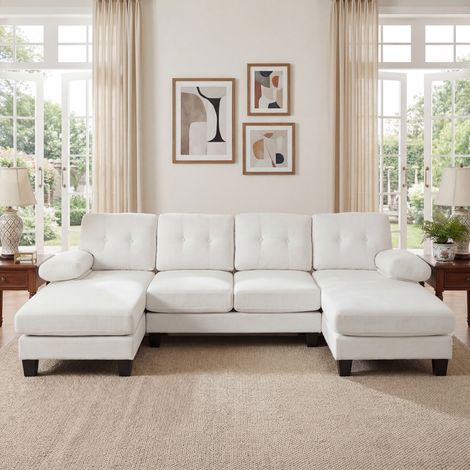 Canapé en U 4 places avec chaise longue, canapé rembourré moderne en chenille, canapé-lit à dossier réglable, canapé d’appoint pour salon et bureau, beige (1/5)