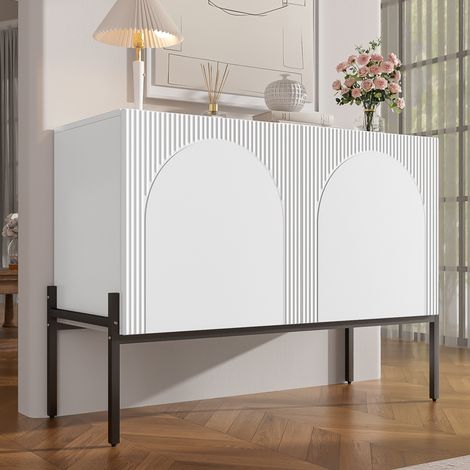 Buffet bas 2 portes 100 x 40 x 75 cm avec façades rainurées à motif arqué, grand rangement, pieds en métal, panneaux de particules, blanc (1/5)