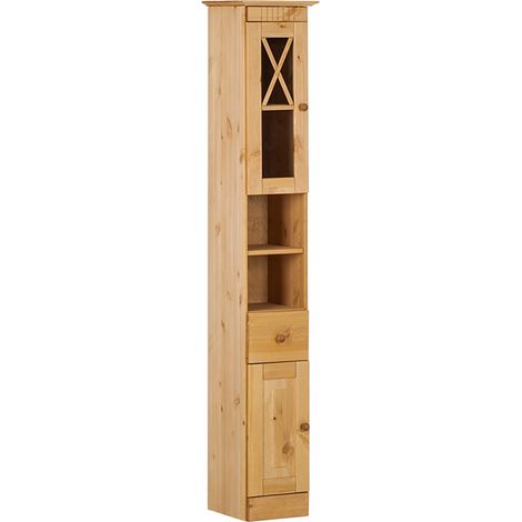 Meuble colonne de salle de bain avec 2 portes et 1 tiroir en pin (1/5)