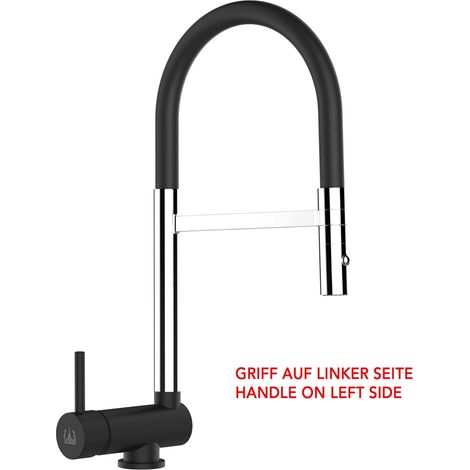 Mitigeur De Cuisine Rabattable Robinet Sous Fenêtre 6CM, Poignée à GAUCHE, avec bec pivotant 360° et douchette 2-jets détachable, Chromé et Noir Mat (1/4)