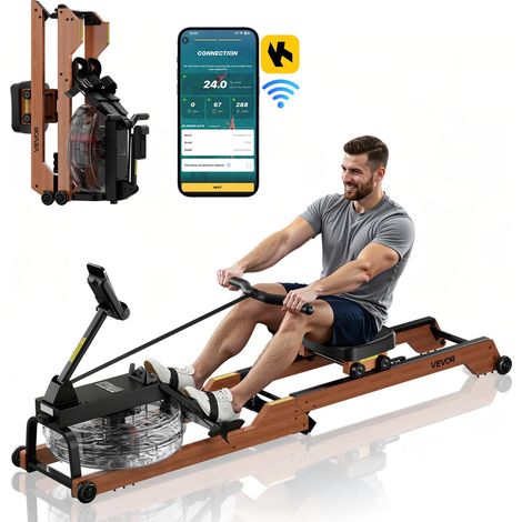 Rameur à Eau avec Résistance Silencieuse à 6 Niveaux, Ergomètre Pliable en Bois avec Réservoir d'Eau de 14 L et Écran LCD, Capacité de Charge 158 kg, Compatible avec Application Bluetooth