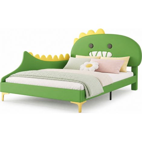 Letto per bambini 140x200 cm a forma di dinosauro cartoon, con testiera in PU verde, design fantasioso e facile da pulire per cameretta, CHICFURN (1/5)