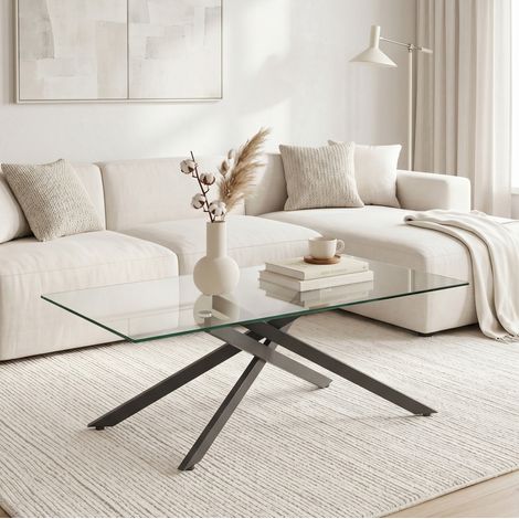 Tavolino da caffè 100x60x46 cm, piano in vetro temperato, struttura in metallo nero, bordo levigato, moderno (1/5)
