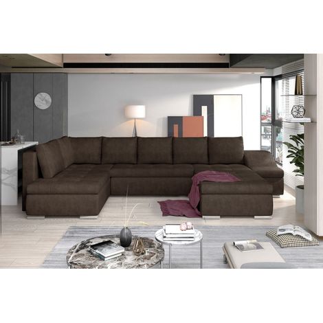 Canapé panoramique GYOVANI chocolat angle droit convertible avec têtières (1/2)