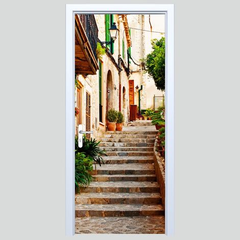 Adhesivo de tela para puerta, calle antigua con escaleras 003PD