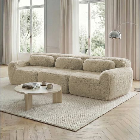 Divano 3 posti modulare basso in tessuto morbido beige chiaro, senza montaggio, con cuscini (1/5)