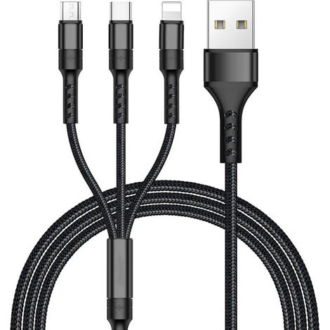 Câble USB 3 en 1 Chargeur Rapide Nylon Tressé 1.2M (Micro USB/Type C)