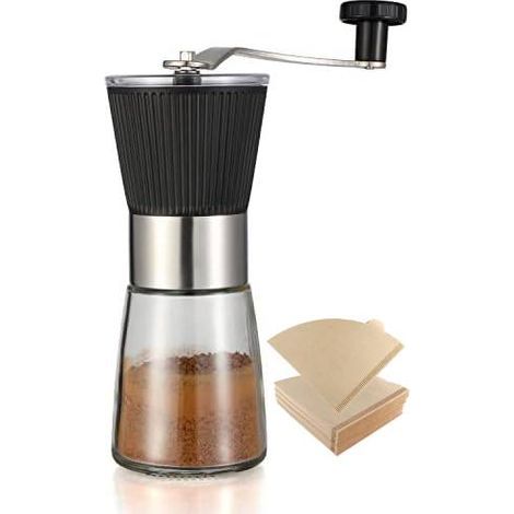 Manuelle Kaffeemühle mit 100 Kaffeefiltern, mit verstellbarem Keramik-Kegelmahlwerk für Aeropress-Espressofilter, Kaffeebohnenmühle für French Press (schwarz) (1/5)