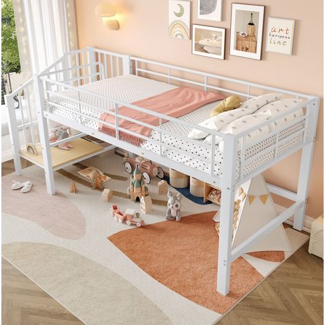 Lit mezzanine 90 x 200 en MDF blanc avec escalier de rangement et sécurité renforcée (1/5)