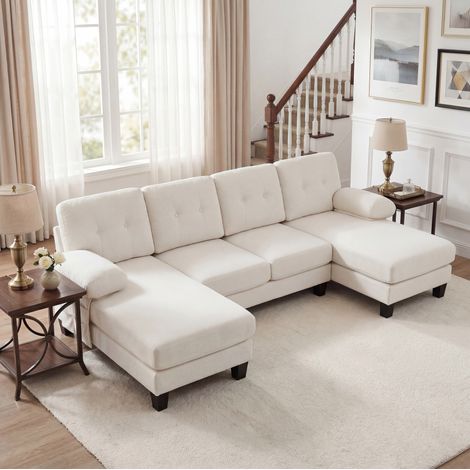 Sofá rinconera en U 268x128x84 cm de chenilla beige con respaldo regulable - MEUBLIV (1/5)
