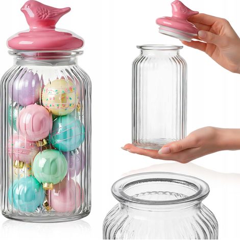 Contenitore in vetro da 1,45 l con coperchio in ceramica (decorazione con uccelli)