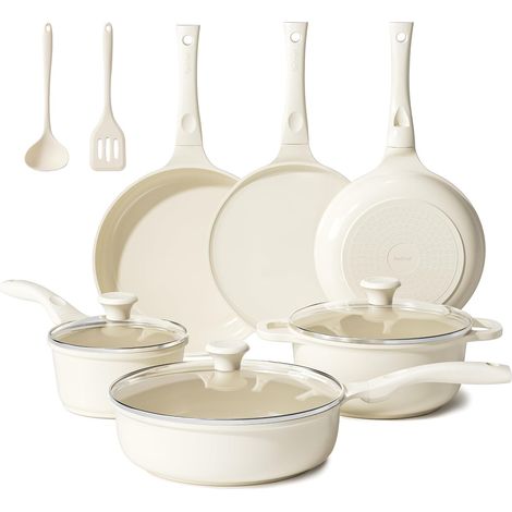 Ceramic Saucepan Set with Glass Lid, PTFE Free, PFAS Free, Suitable for All Hob Types, Dishwasher Safe (Beige) (1/5)