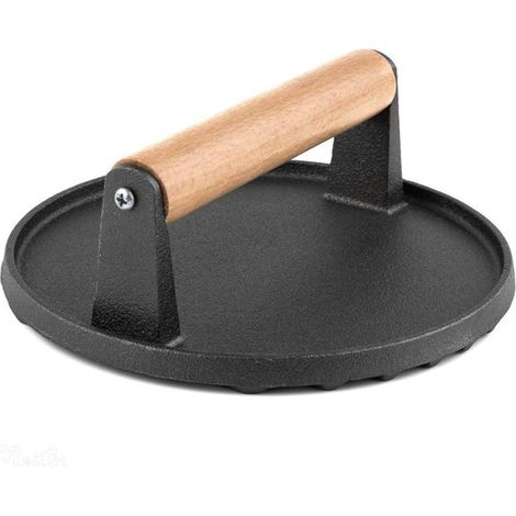 Presse à viande ronde en métal pour hamburgers, outil barbecue avec manche en bois pour pique-nique extérieur (1/5)