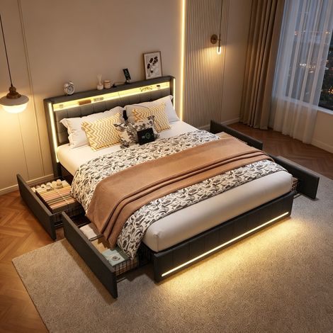 Lit double 160 x 200 cm avec lumière LED, lit capitonné avec port USB, lit coffre avec tiroirs, rangement sous le lit, sommier à lattes, lit adulte, lit ados, Lin, Gris