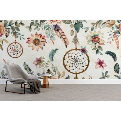 Papier peint boho guirlandes dattrapes reves et fleurs colorees - 400 x 260 cm (1/2)