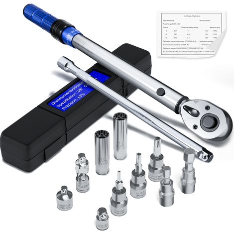 Clé Dynamométrique 3/8", 5-60 Nm, Avec Adaptateur 3/8" vers 1/2" et 1/4", Tige d'Extension de 250 mm, Douille de Bougie d'Allumage, Tête à Cliquet, Vélo (1/5)