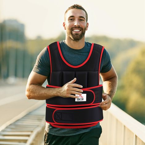 Gilet lesté de 20 kg, avec double sangle réglable, pour musculation et fitness. Coloris Oxford, métal, sable, noir et rouge, 60 x 50 cm.