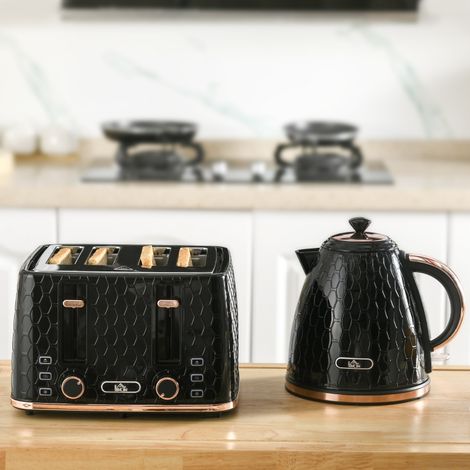 Ensemble de cuisine 2 en 1, grille-pain et bouilloire, plusieurs options, 1,7 L, grille 4 tranches à la fois, plastique, noir (1/4)