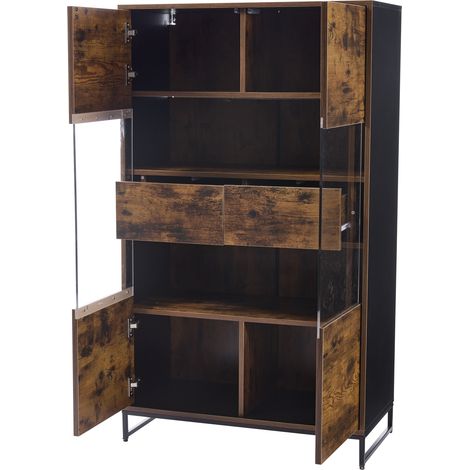 Vitrine avec 2 Portes et 2 Tiroirs et LED Bluetooth, 6 Compartiments, Style Moderne Rétro, en MDF, Noir Effet Bois, 80×40×138 cm