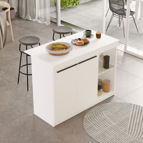 Isla de Cocina Corsico, Mueble Alacena 2 Estantes, 2 Puertas, 4 Compartimentos, 120x60x88h cm Blanco (1/5)