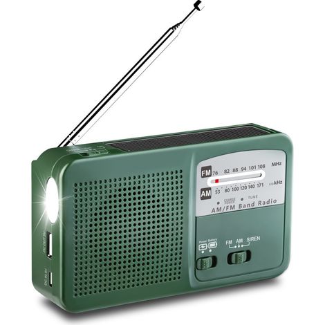 Radio d'urgence portable avec lampe torche, AM/FM, à remontage solaire et piles, câble USB-C, idéale pour la maison, le camping, les voyages et les situations d'urgence (séisme). Couleur verte. (1/5)