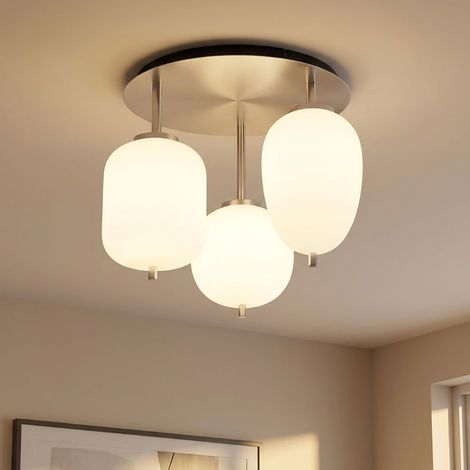 Lampe de plafond Lampe de salon Lampe de chambre à coucher, 3 flammes, métal nickel mat verre opalin, 4W 320Lm blanc chaud, DxH 46x36cm (1/5)
