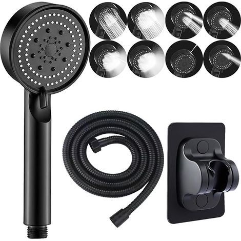 Shower Head with Hose and Bracket Black Shower Head High Pressure Black 8 Modes with 2m Hose for Bathroom Hotel (1/5)