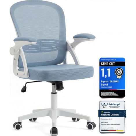 Chaise de bureau ergonomique bleue, accoudoirs rabattables, dossier inclinable 90-110°, maille, charge 140 kg (1/5)