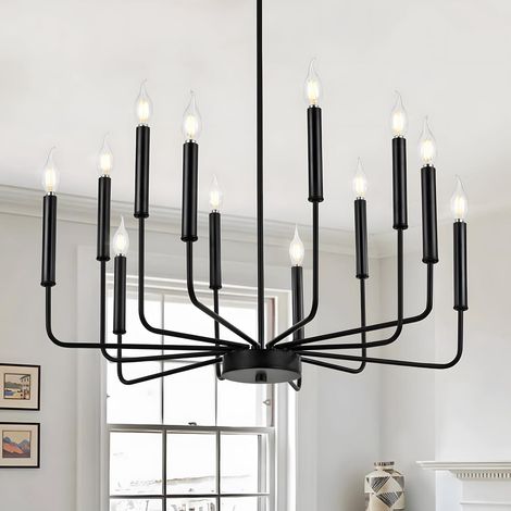 1 Lustre Industriel Métal Noir 12 Lumières Suspension Réglable Pour Salon Cuisine Escalier