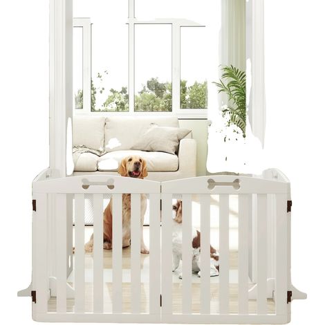 Puerta para perros, madera maciza, 4 paneles, 61 cm de ancho por panel, diseño plegable, patas de soporte antivuelco. (1/5)