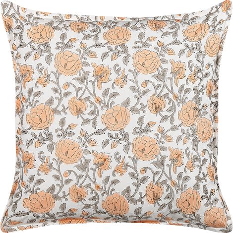 Cojín de algodón naranja blanco crema gris 45 x 45 cm patrón floral borlas Meadia