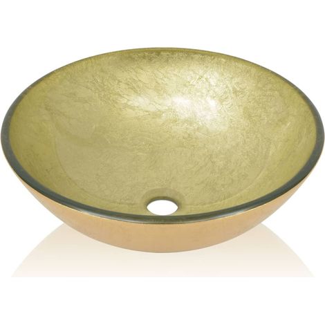 Lavabo de baño estilo vasco 42 cm de diámetro cristal templado dorado 020002523