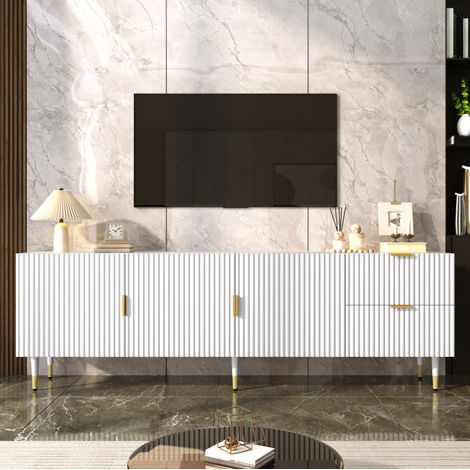 Mobile TV bianco con cassetti, 3 ante, maniglie e piedini dorati, piedini regolabili, 170 cm (1/5)