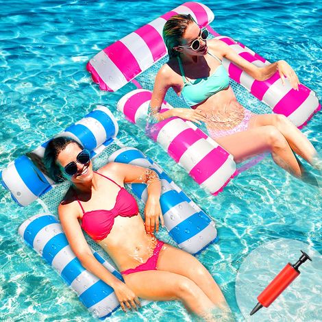 2Pcs Flottant Hamac Gonflable, Flotteur Piscine 4 en 1, Inclinable Flotteur Hamac Hamac d'eau avec Pompe à Air Manuelle Jouets de Piscine pour Plage Partie Vacances (1/5)