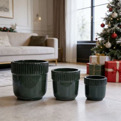 Lot de 3 jardinières en céramique artisanale (Ø 38/30,5/23 cm), émail vert profond brillant à bord cannelé, poreuses, anti-gel avec orifices d'évacuation, pour terrasse et extérieur. (1/5)
