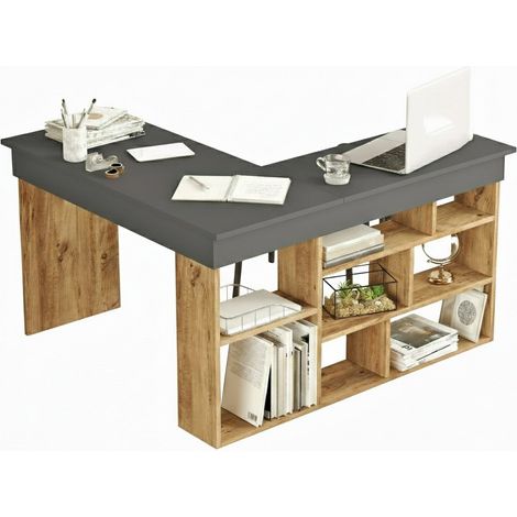 Dmora - Schreibtisch Angete, Mehrzweckschreibtisch, Bürotisch für PC, Eckschreibtisch, 129x120h72 cm, Eiche und Schwarz, mit verstärkter Verpackung