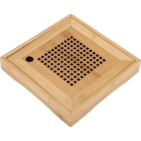 Plateau carré en bois pour service à thé Kungfu, réservoir d'eau intégré, mini plateau de rangement, accessoire de cérémonie du thé, bois naturel, compact. (1/5)