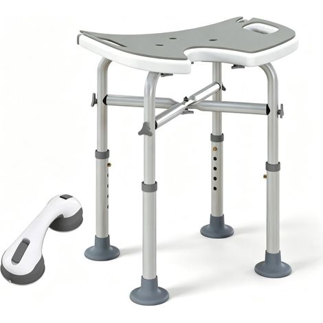 Sgabello doccia regolabile 39-51,5 cm in alluminio grigio con ventose e maniglia - CHICFURN (1/5)