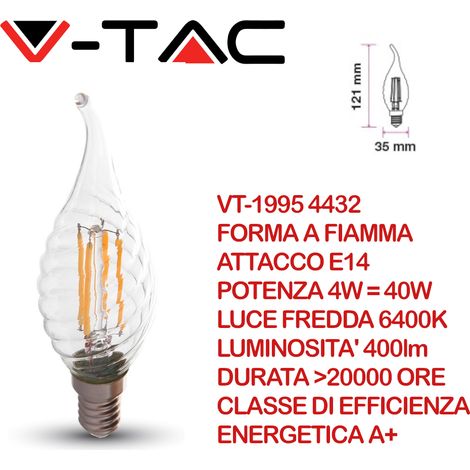 V-Tac Lampadina led filamento E14 4w fiamma luce calda, naturale e fredda 3000K Bianco freddo