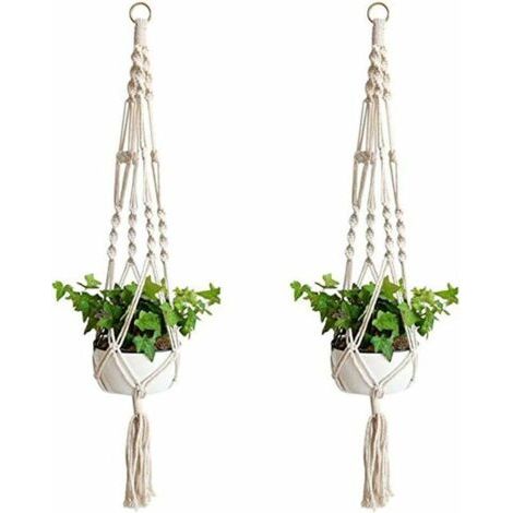 2 pièce Suspension Corde Plante Macramé, corde de coton panier de fleurs en macramé suspendu brindille planteur de suspension de fleurs pour décoration de la maison, jardinage de bureau, 4 jambes-Fei (1/3)
