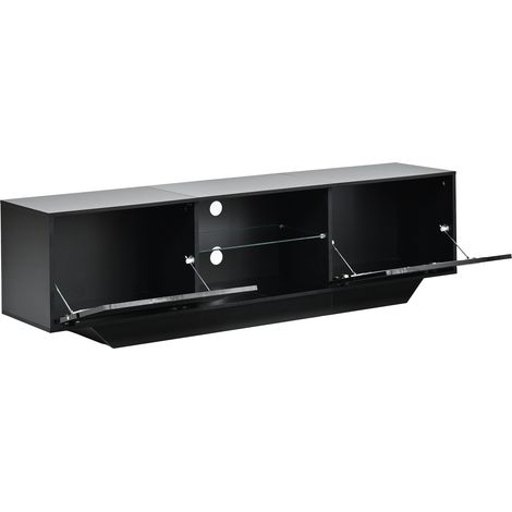 Meuble TV noir laqué 160x35x44,5 cm avec LED RGB, 2 portes, adapté pour TV jusqu'à 65 pouces (1/5)