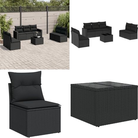 Salon de jardin 8 pcs avec coussins noir résine tressée - Ensemble Salon De Jardin - Meuble De Jardin - Canapé D'extérieur - Résine Tressée - Rotin Synthétique - Home & Living (1/5)