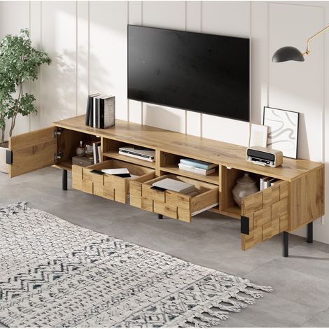 Mobile TV 160 cm naturale e nero, pannello truciolare con 2 ante, 2 cassetti e 2 vani (1/5)