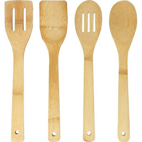 Ustensiles de cuisine en bois, ensemble de 4 pièces, ustensiles de cuisine en bambou, spatules et cuillères en bois naturel, ustensiles de cuisine avec trou de suspension, écologiques et durables (1/5)