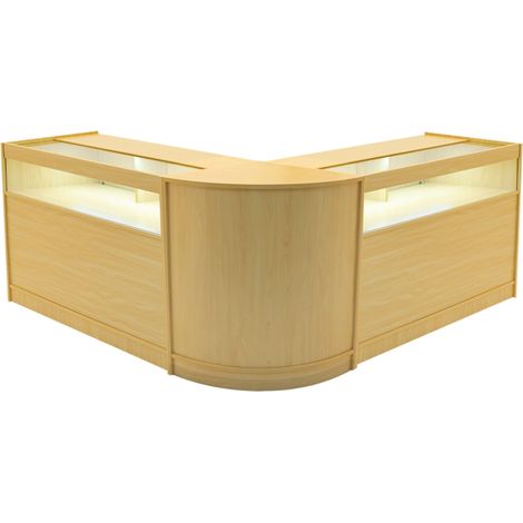 Set Mostradores Comerciales "IRIS"  Arce 2x B1200+1xCM60  MDF y vidrio templado  Estantes y puertas corredizas con cerradura  Fácil Montaje  Mostrador Recepción Expositor Comercial Mesa