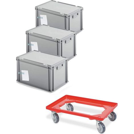 BRB 3x Ordner-Archivboxen für je 7 Ordner (A4, breiter Rücken), inkl. Transportroller (grau)